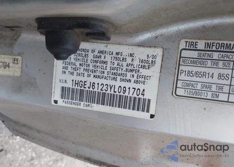 2000 Honda Civic Dx из США, поврежденный, VIN 1HGEJ6123YL091704